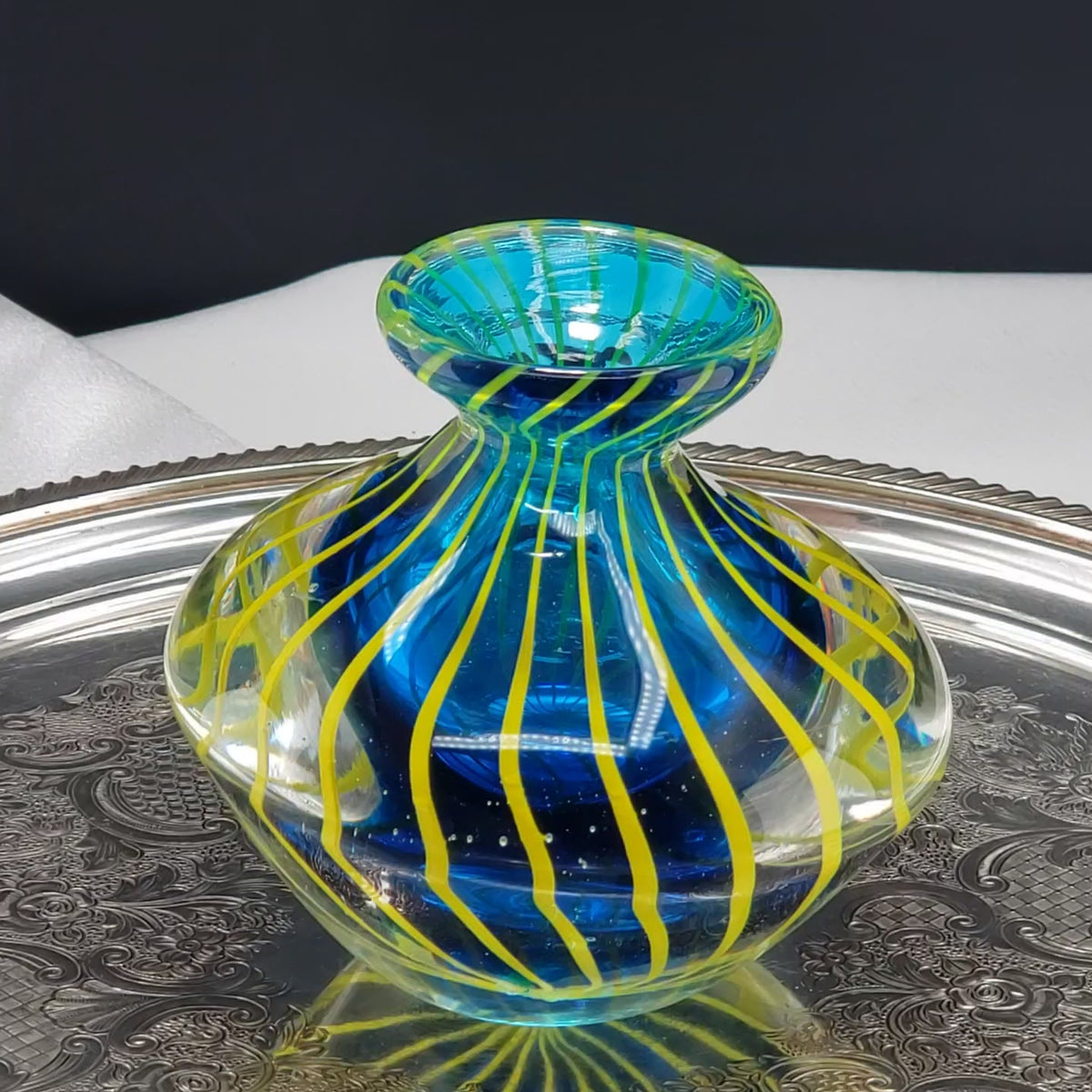 Hand Blown Art Glass Bud Vase - Blue & Yellow Cased Paperweight