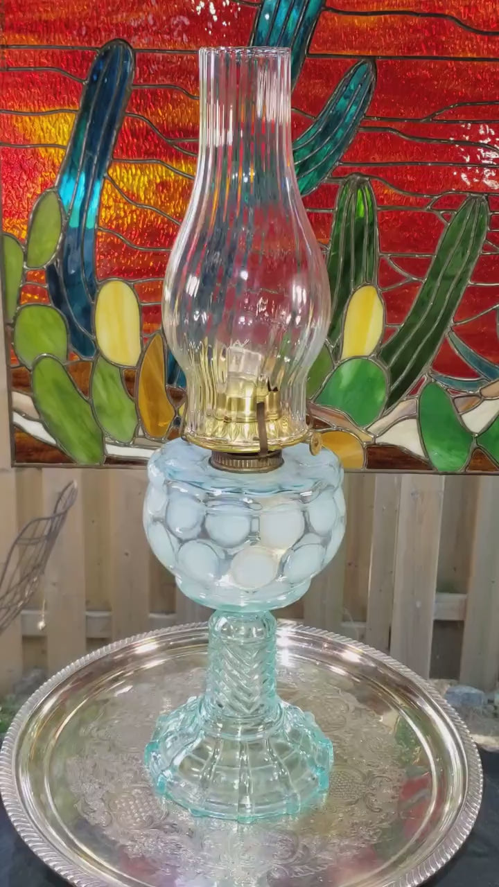 Blue Coin Dot Oil Lamp - Rare Swirl Chimney, Chevron Stand