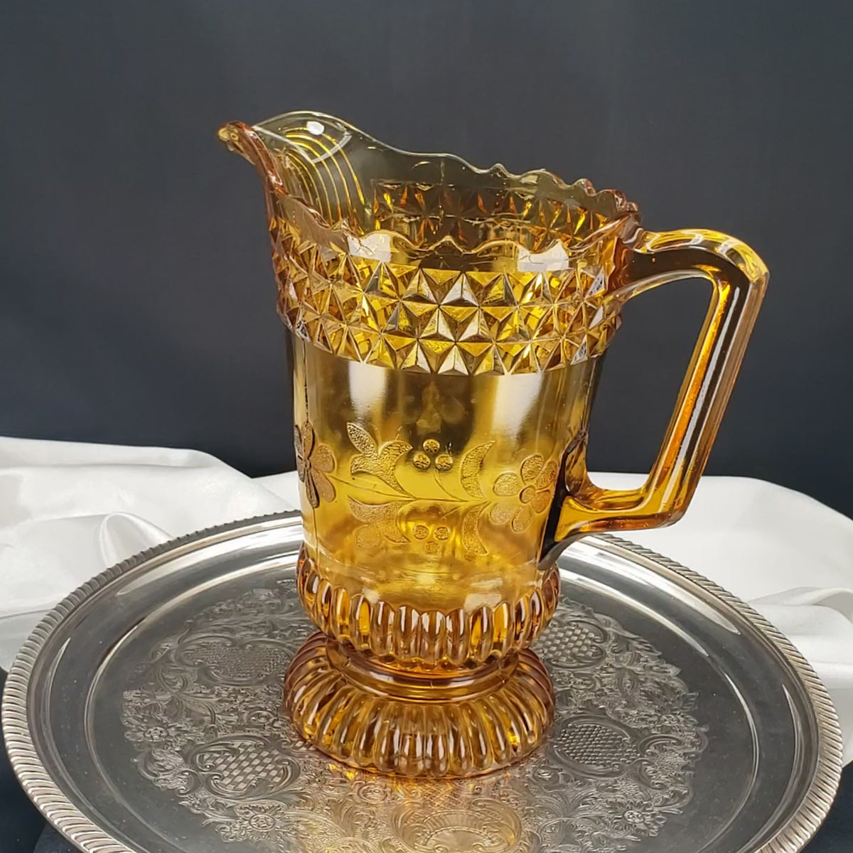 Amber Glass Pitcher – Victorian Wildflower Design – Adams & Co. (1890s)