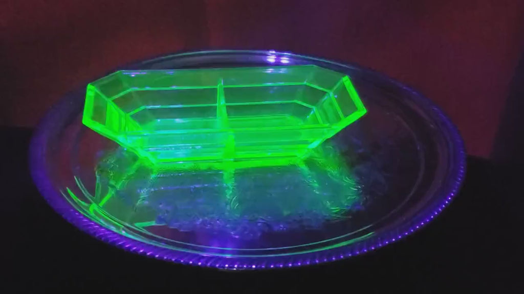 Tea Room Pattern - Uranium Glass Divided Relish Tray - Indiana Glass 1926-1931