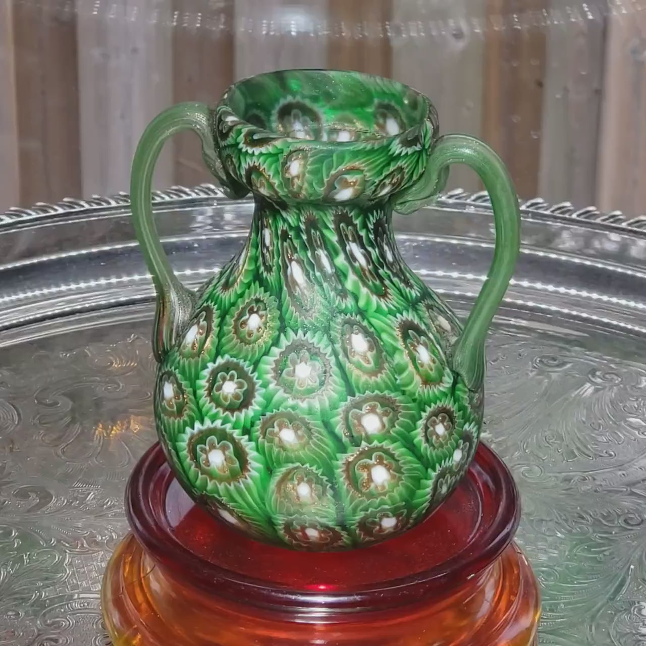 Murano Millefiori Glass Vase - Emerald Green Amphora with Handles