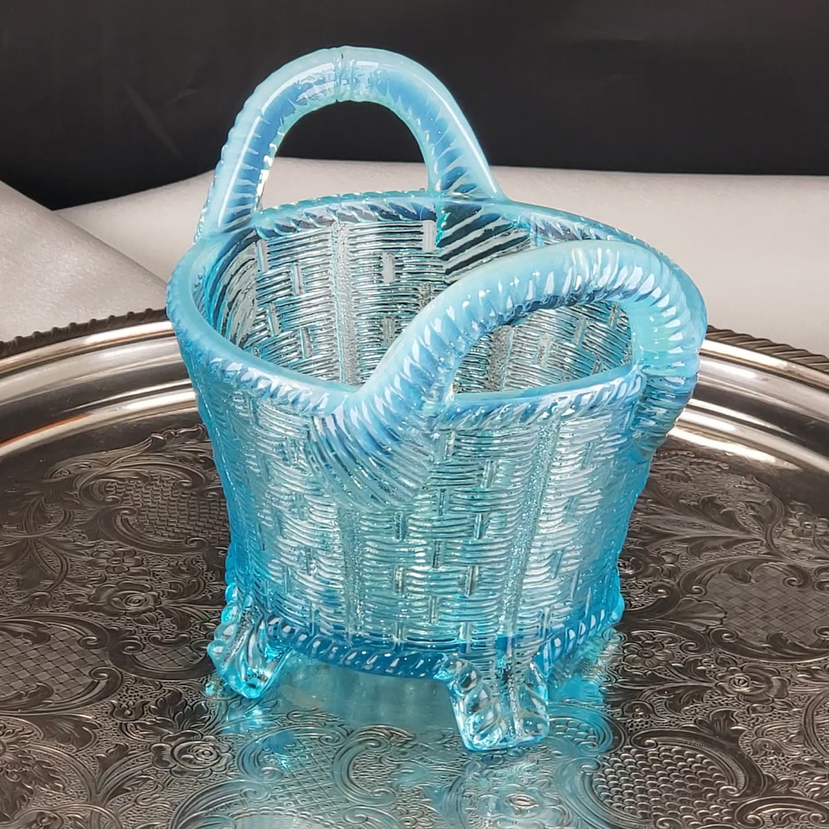 Antique Opalescent Blue Glass Bushel Basket – Northwood Glass – ca 1900