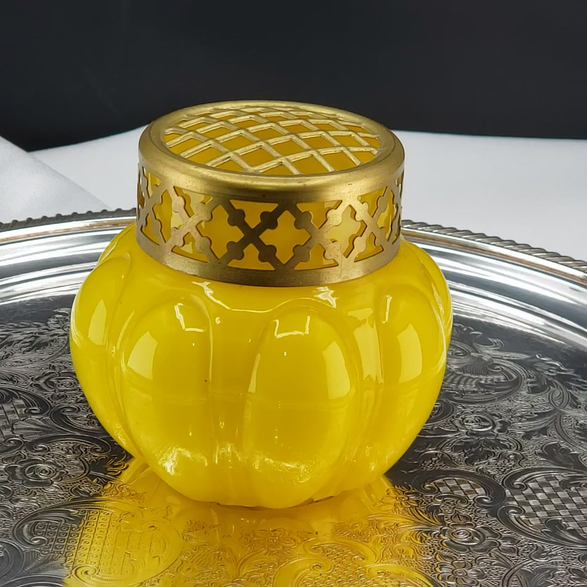 Antique Bright Yellow & Brass Rose Bowl - Czech Glass Vase - ca 1930s