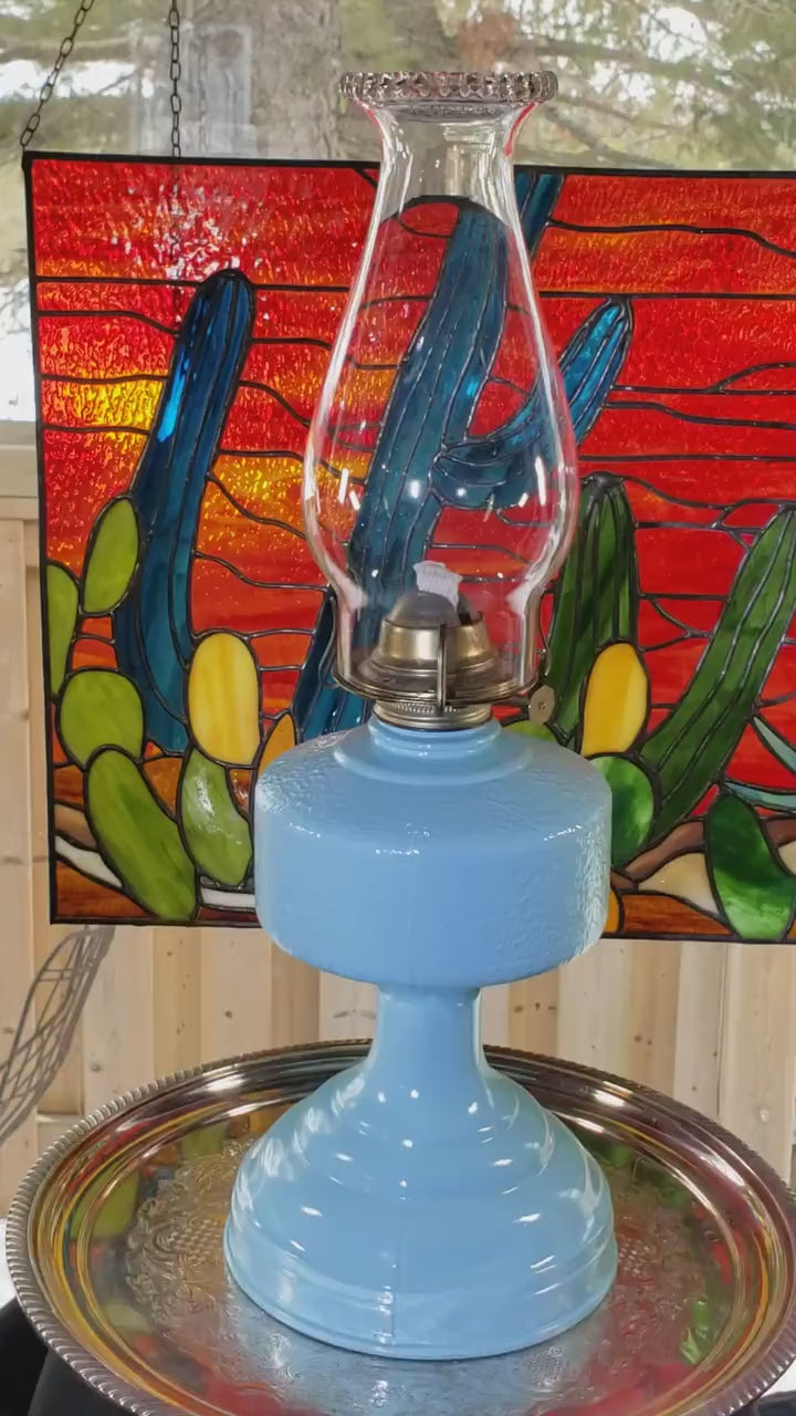 Glass Oil Lamp, Blue Ocean Breeze Painted (Mid-Century)