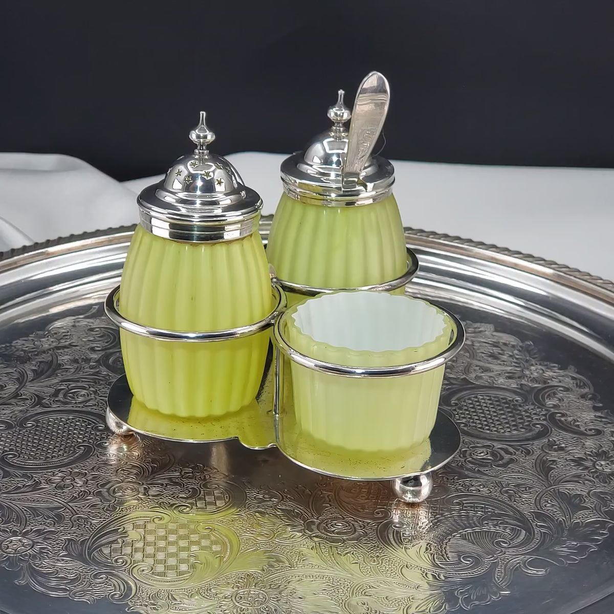 Victorian Lemon Yellow Cased Condiment Jar Set - Mt Washington Glass Co.