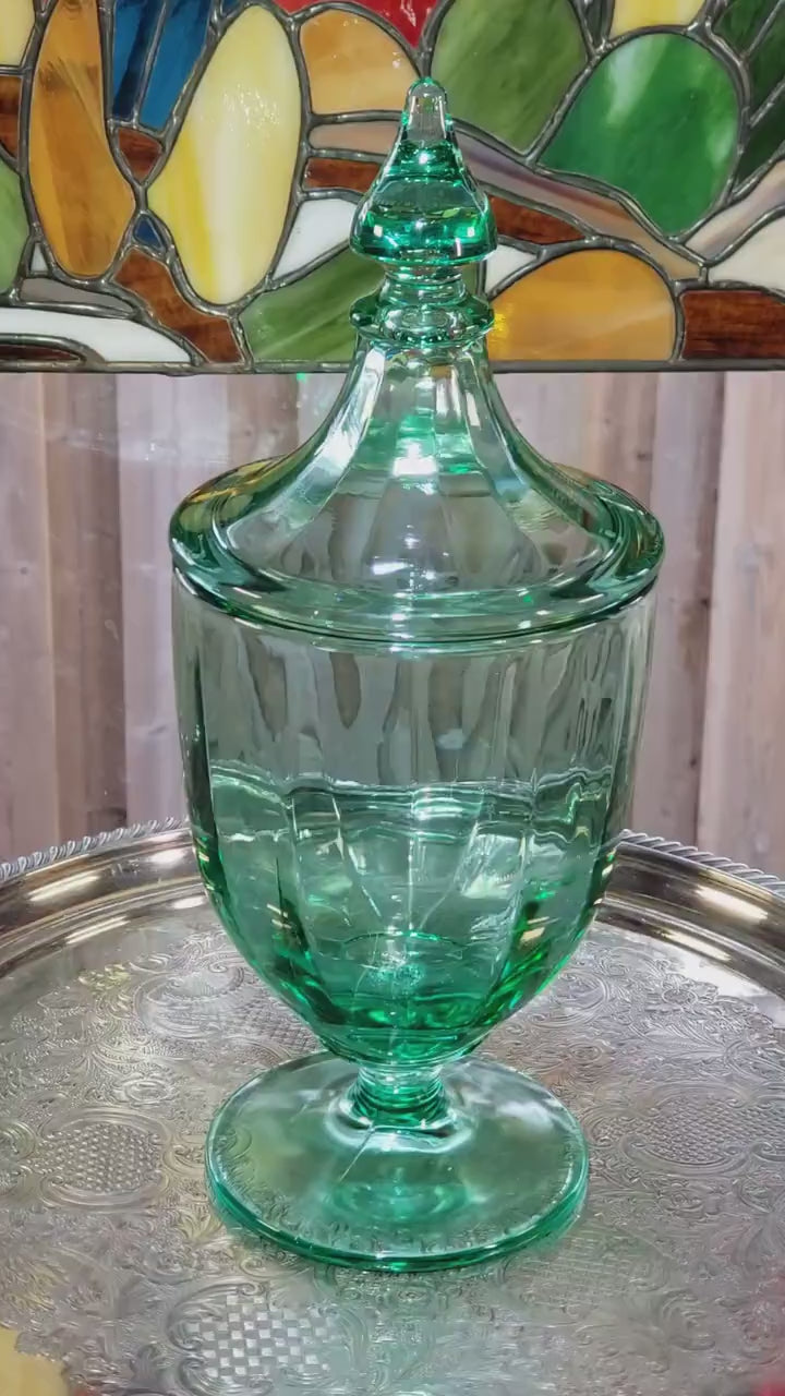 Green Glass Candy Jar: New Martinsville - Lidded 1900s Decor