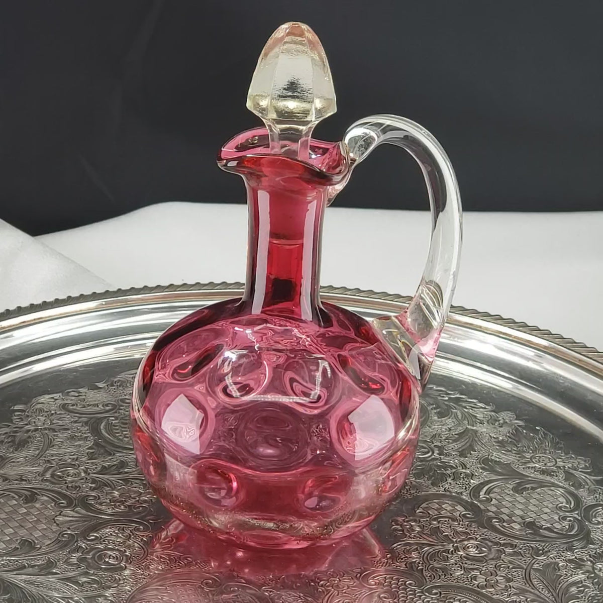Vintage Bohemian Cranberry Glass Decanter – 6.5" Hand‑Blown Art Glass