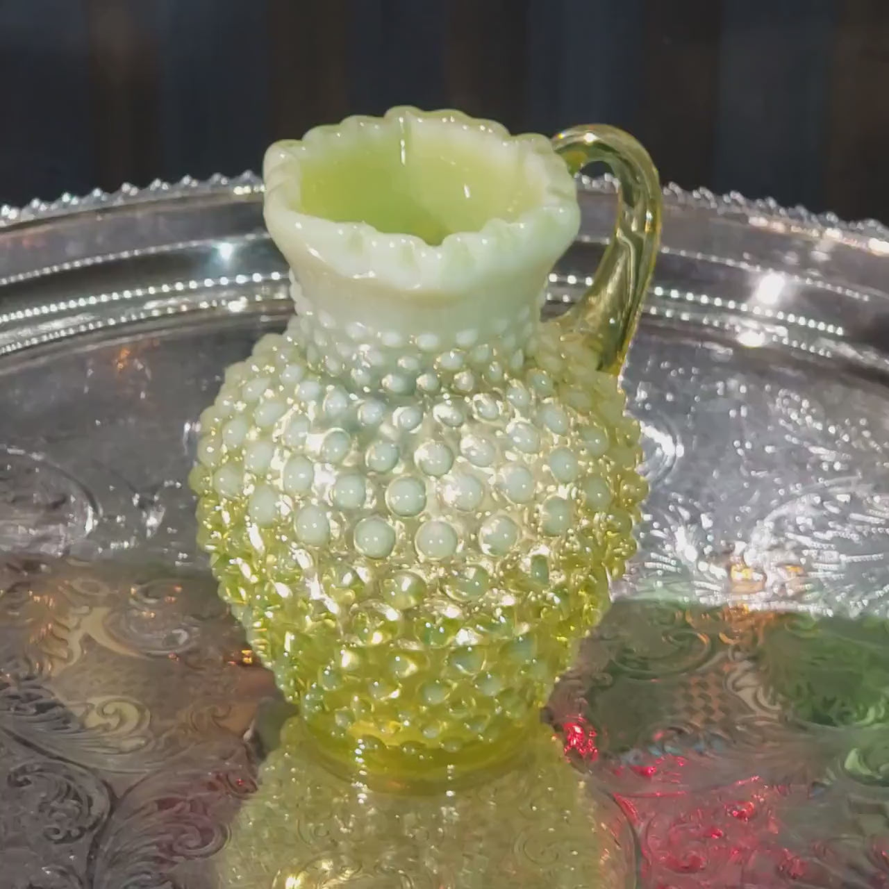 Uranium Glass Fenton Hobnail Syrup Jug - Topaz Opalescent Glass