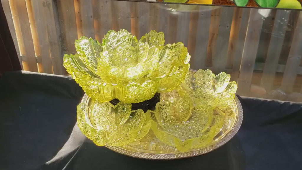 Uranium Glass Berry Bowl Set: Daisy Button Vaseline Glass (Victorian Era)