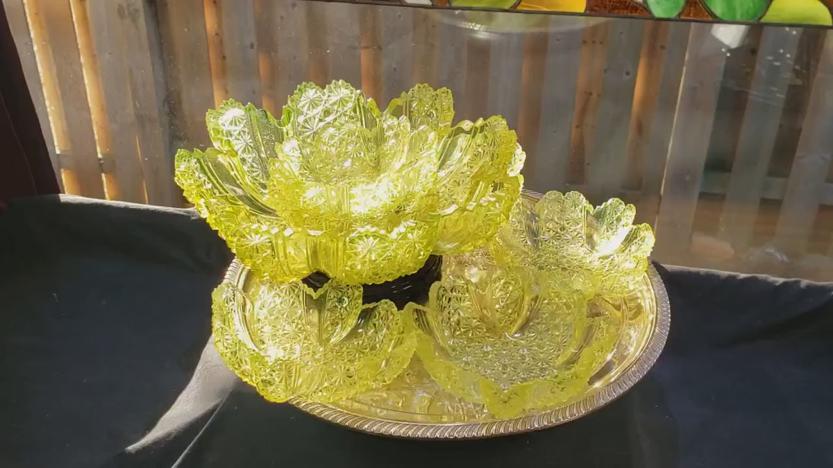 Uranium Glass Berry Bowl Set: Daisy Button Vaseline Glass (Victorian Era)